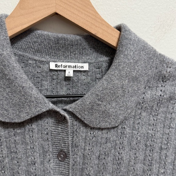 Reformation cropped collared pointelle cashmere cardigan sweater gray coquette - Picture 2 of 6